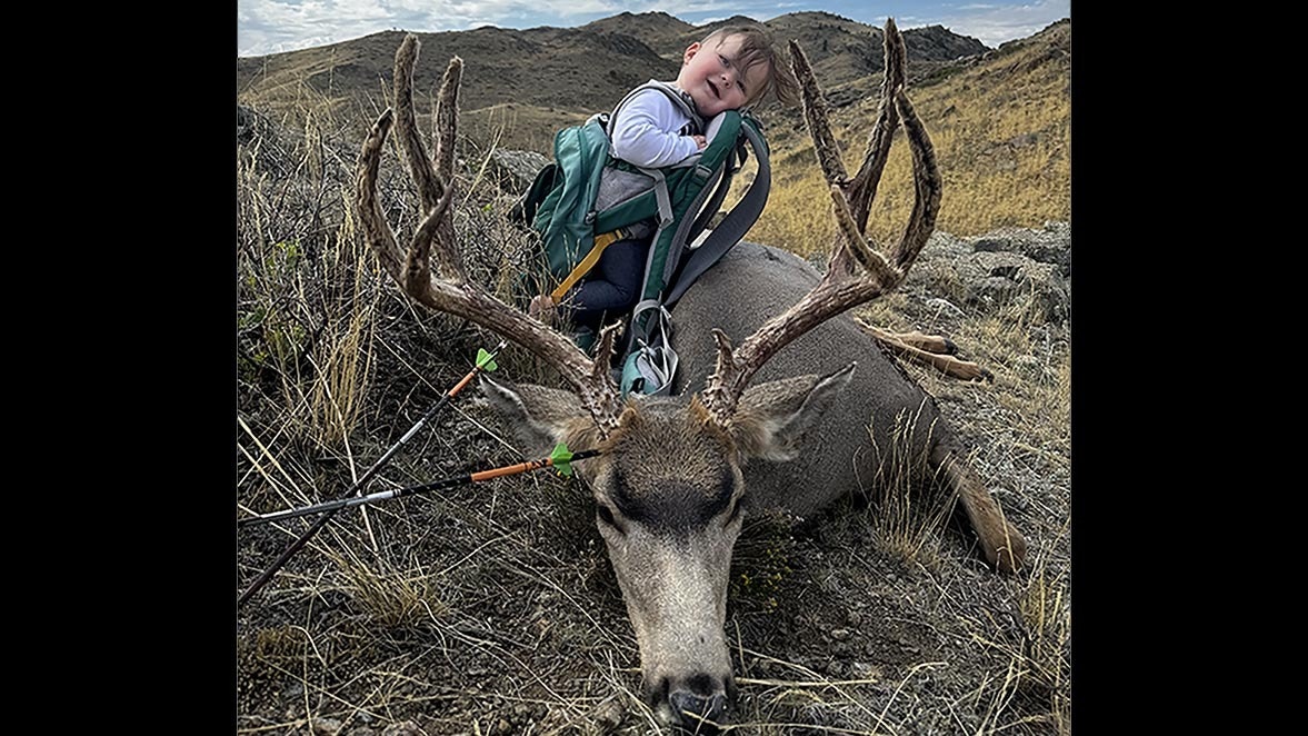 One-year-old Lainey Seely was napping in a kiddie pack on the back of her dad, Ryder Seely, as he stalked to within bowshot range of this impressive southeast Wyoming buck.