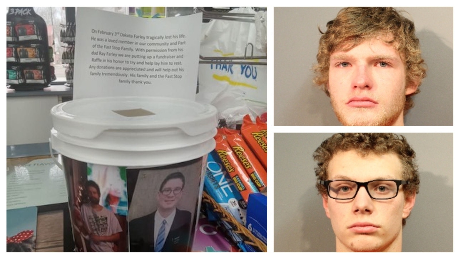 A jar showing a fundraising drive for Dakota Farley's burial, left; Orion Schlesinger's booking photo, top right; Rowan Littauer's booking photo, bottom right