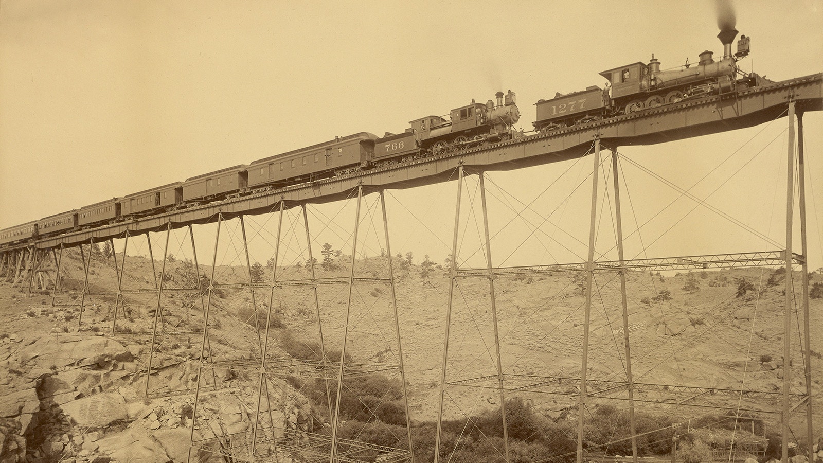 A train crosses the Dale Creek Bridge, the longest and highest bridge the Union Pacific Railroad constructed as part of the transcontinental railroad.