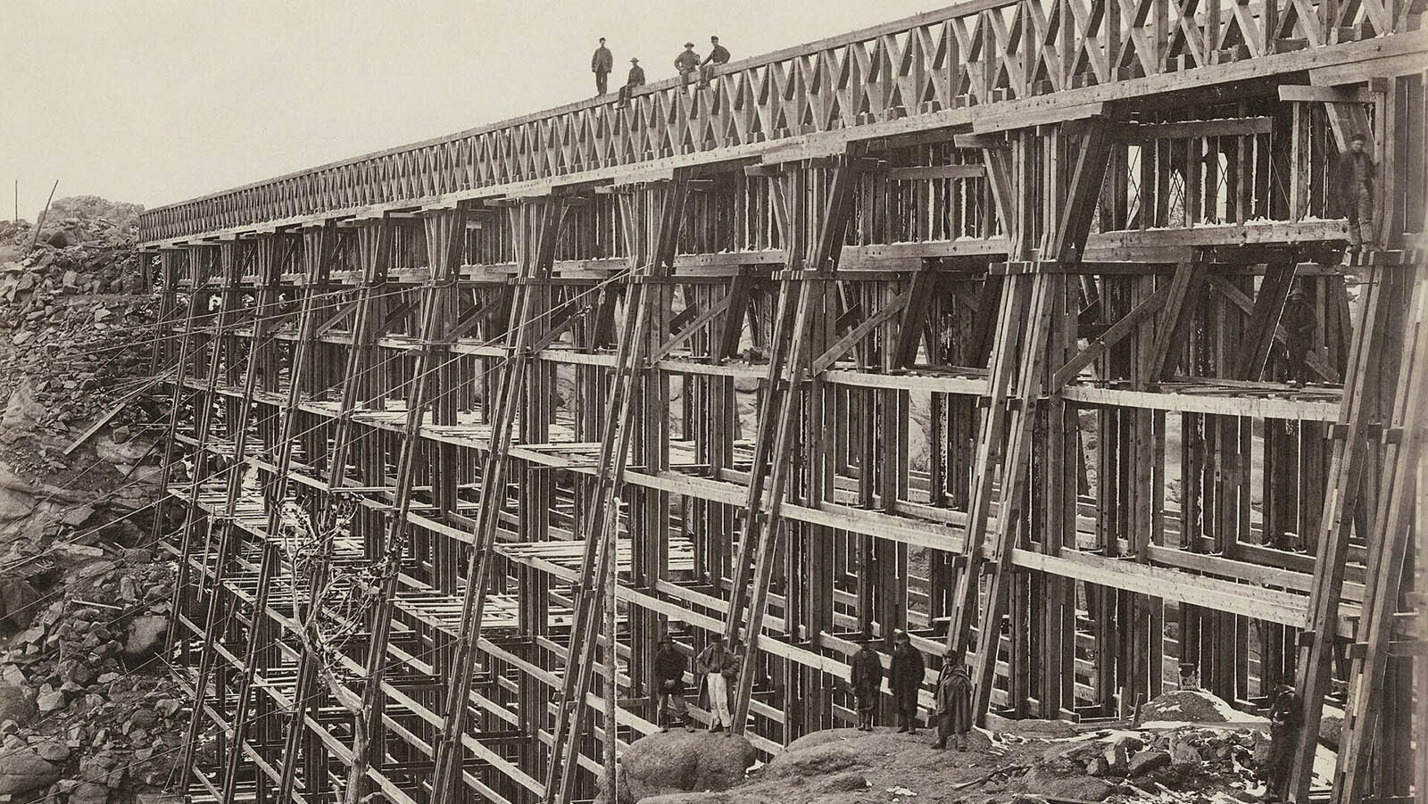 The Dale Creek Crossing south of Laramie on the Union Pacific line was one of the largest railroad bridges in the world when it was constructed in 1869. This photograph was published in Harper’s Weekly in 1869.