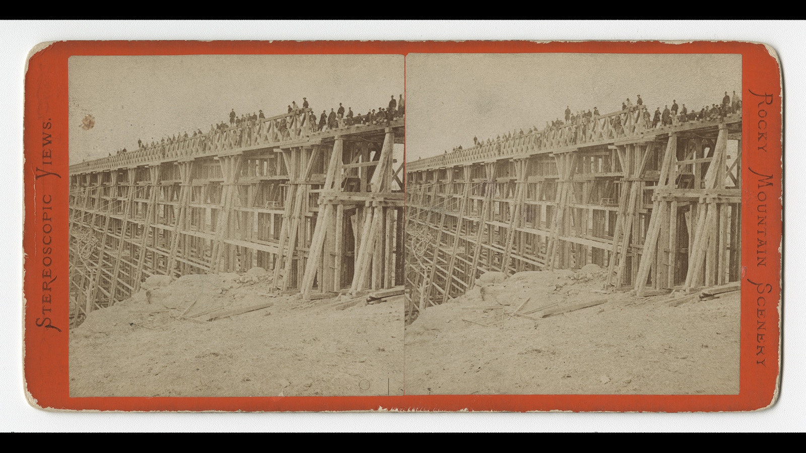 A.J. Russell's 19th Century photographic images, contained in stereo card format, showing the Dale Creek Bridge from Granite Bluffs in 1868.