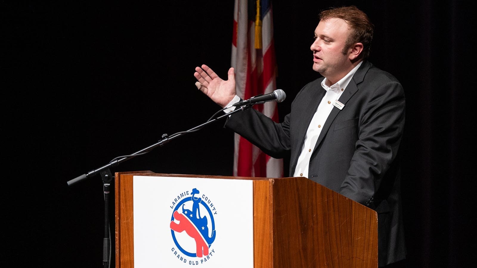 Laramie County GOP State Committeeman Dallas Tyrrell speaks at the Laramie County GOP Red State Summit at the Cheyenne Civic Center on Sept. 20, 2024.