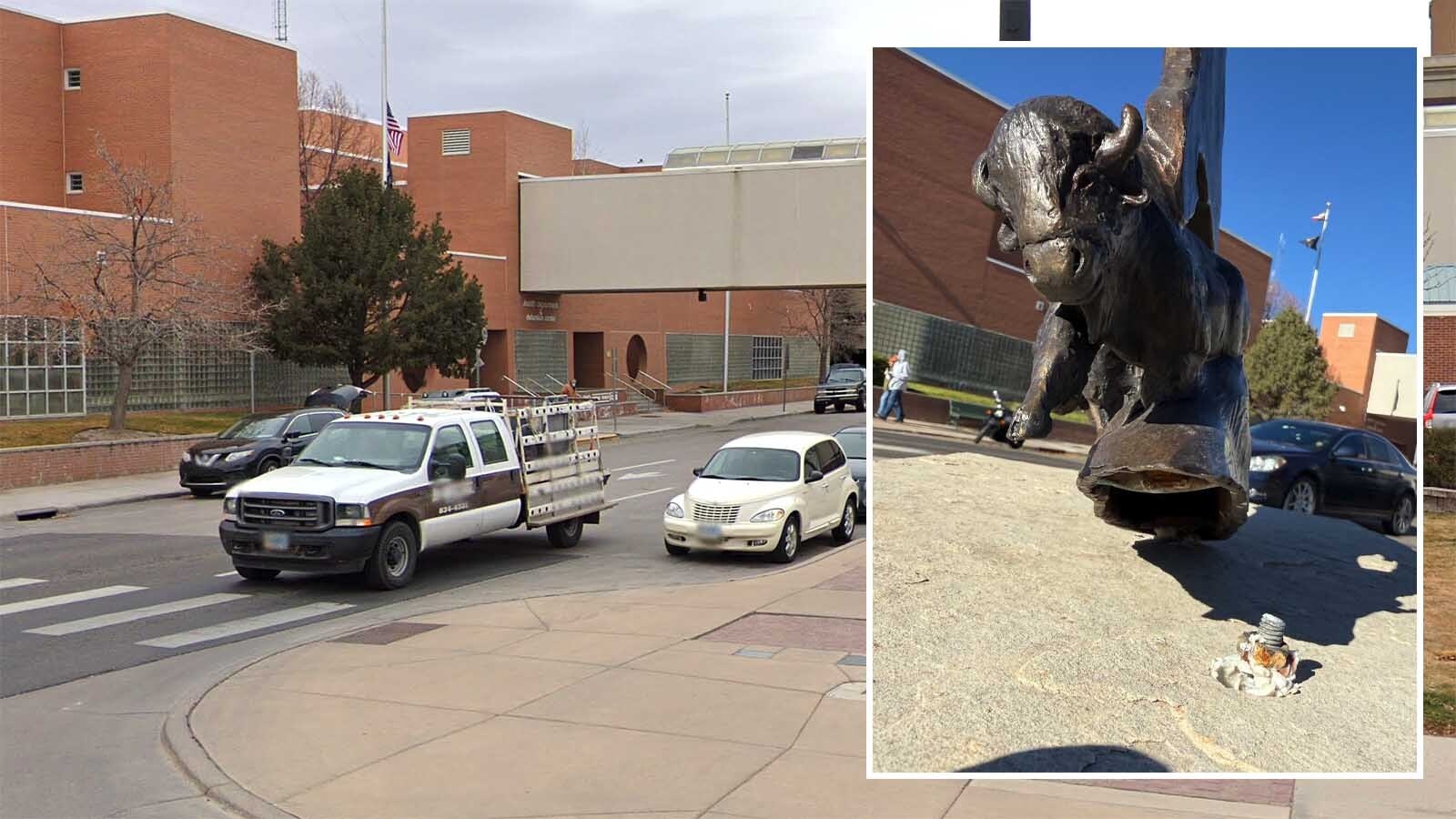 The damage done to "Buffalo Nation," a bronze sculpture by Chris Navarro on the corner of Pioneer Avenue and W. 19th Street in Cheyenne. The sculpture wasn't damaged but has been removed so it can be fitted to its pedestal with new bolts to make it even more secure.