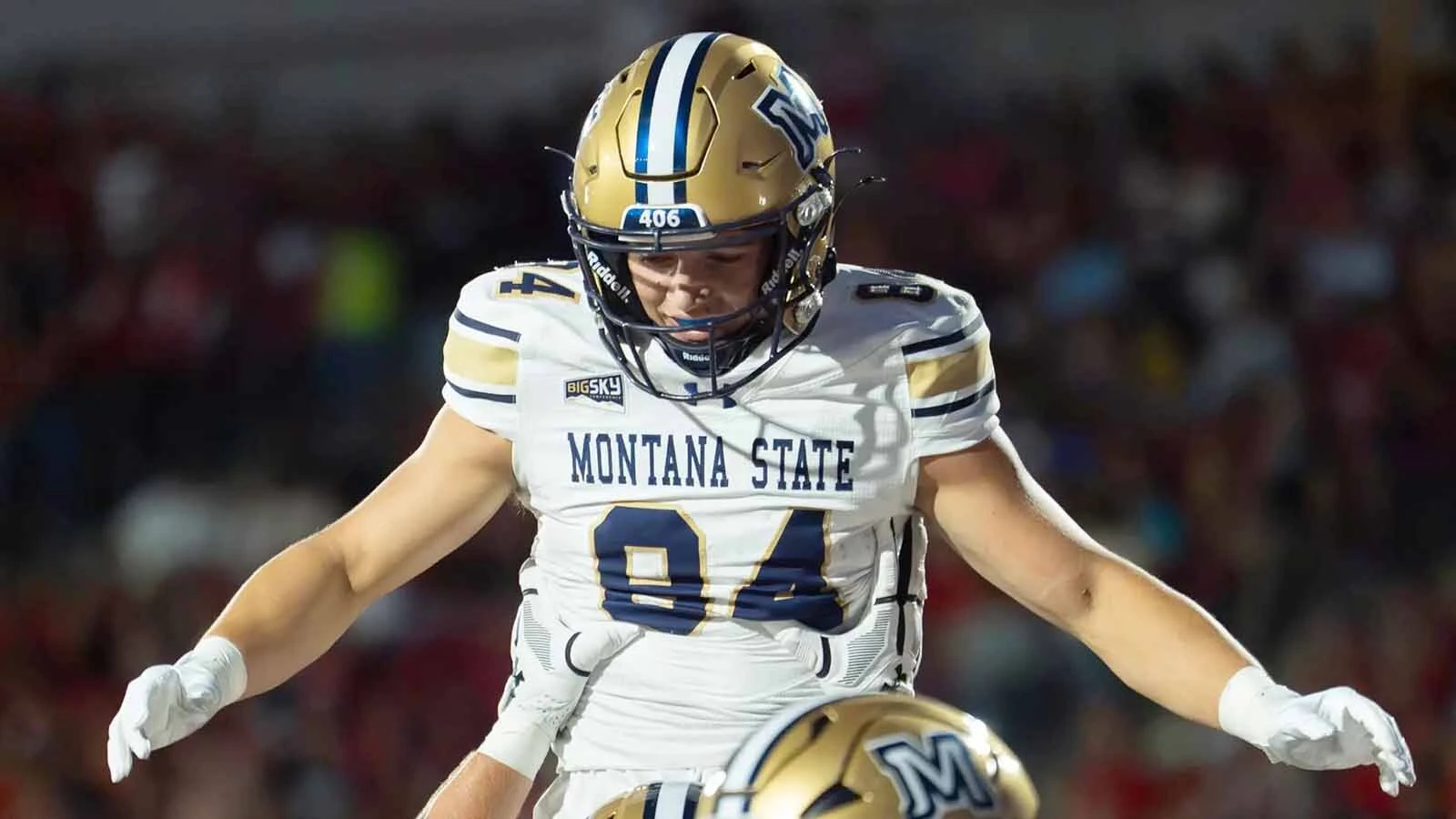 Sheridan product Dane Steel celebrates with teammates after scoring defending national champion Montana State's first touchdown of the season Saturday night, in a 54-0 romp at Utah Tech.