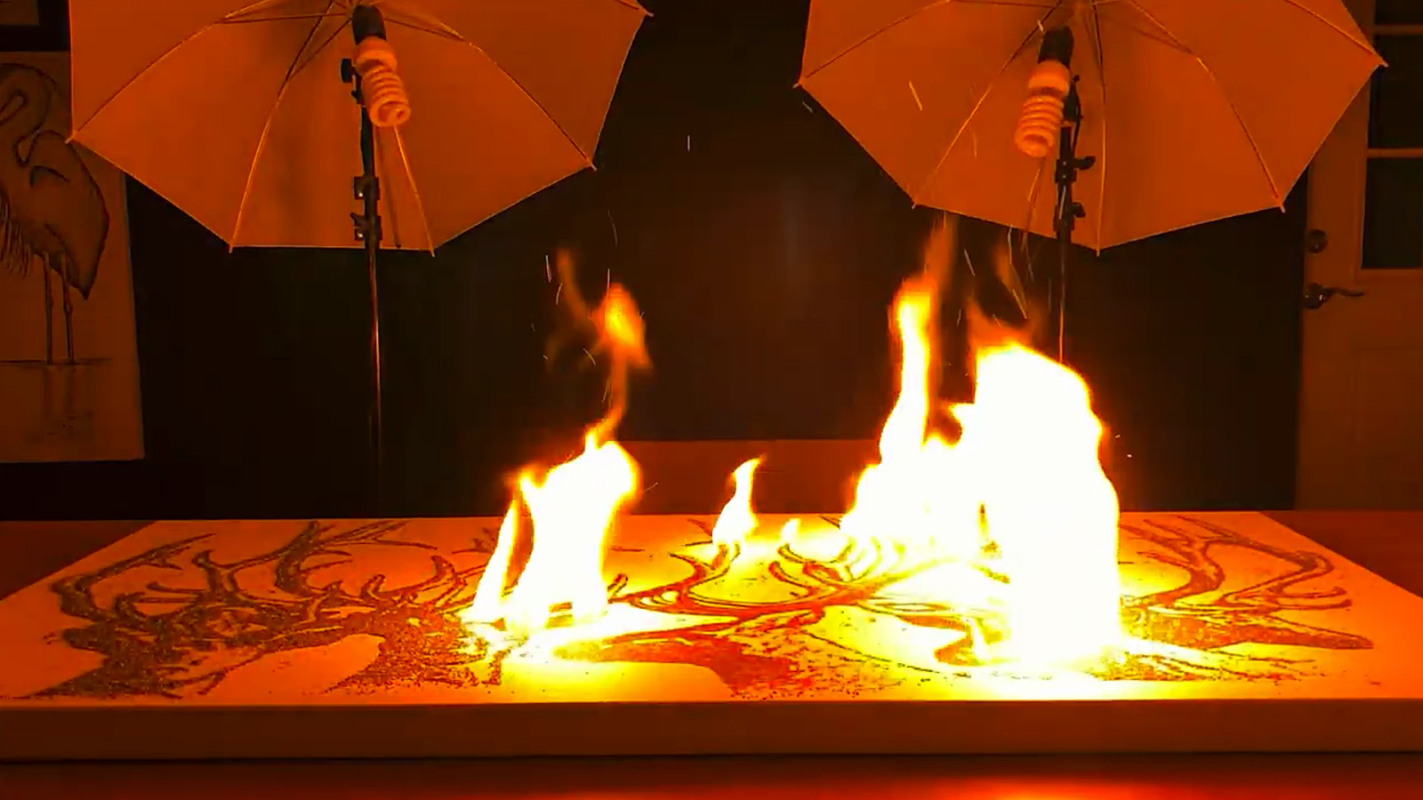 Flames rise from the canvas as gunpowder burns in the images of bull elk in Danny Shervin's piece titled "Sixes."