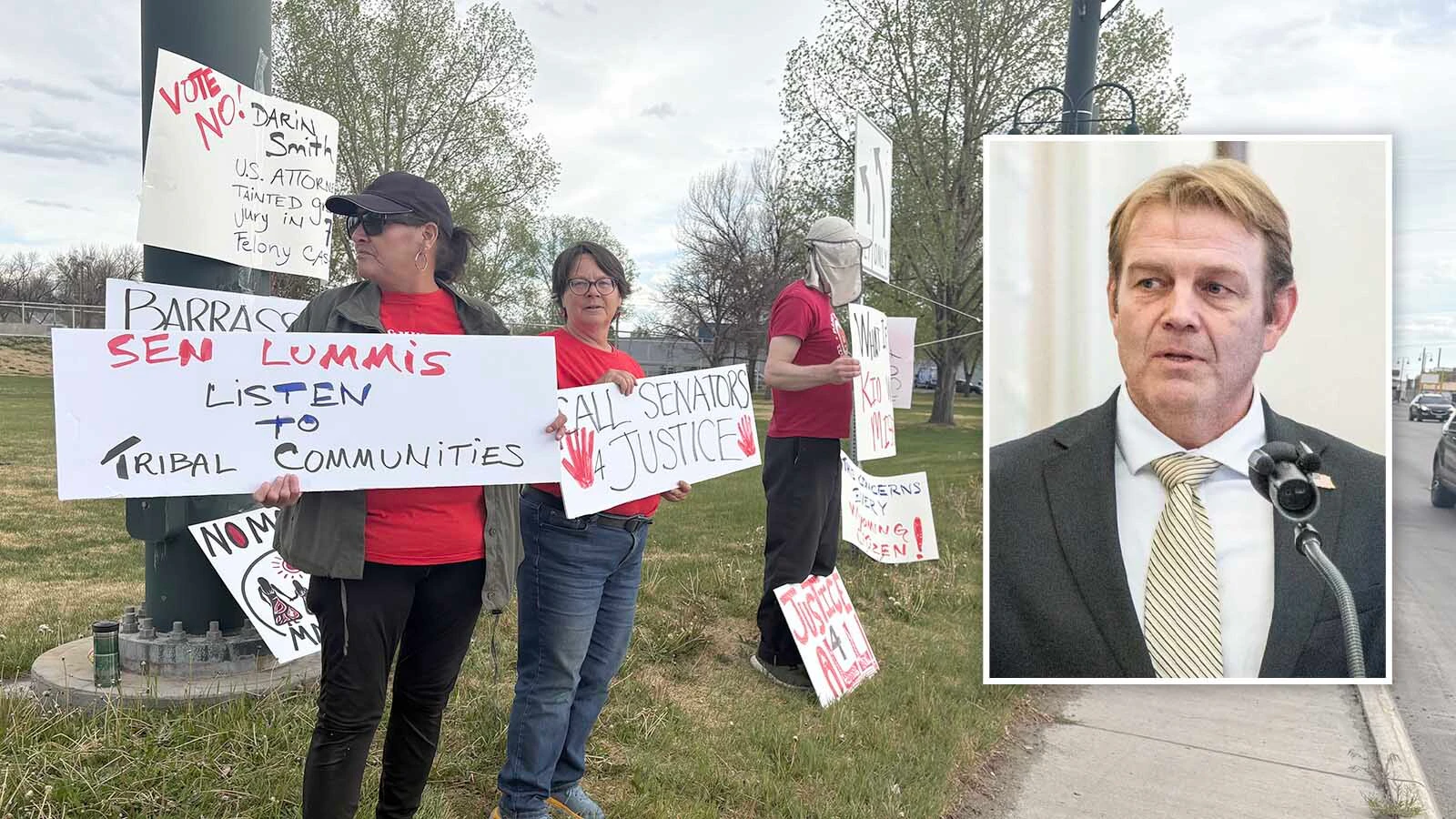 Nicole Wagon, Lennie Poitras and Matt Hartman protested Friday at Riverton City Park, urging people to ask Sens. Cynthia Lummis and John Barrasso not to vote Monday to confirm Darin Smith as U.S. attorney for Wyoming