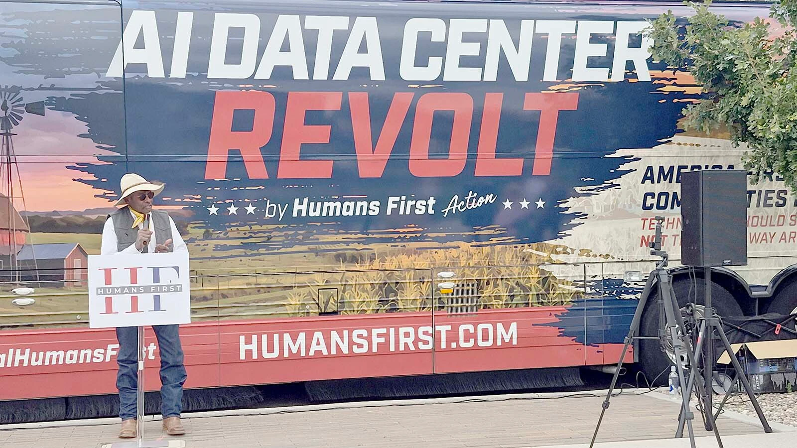 Humans First, a national grassroots group opposed to artificial intelligence, parked its rally bus in front of Cheyenne City Hall on Monday ahead of a council meeting where another annexation for a data center was approved.