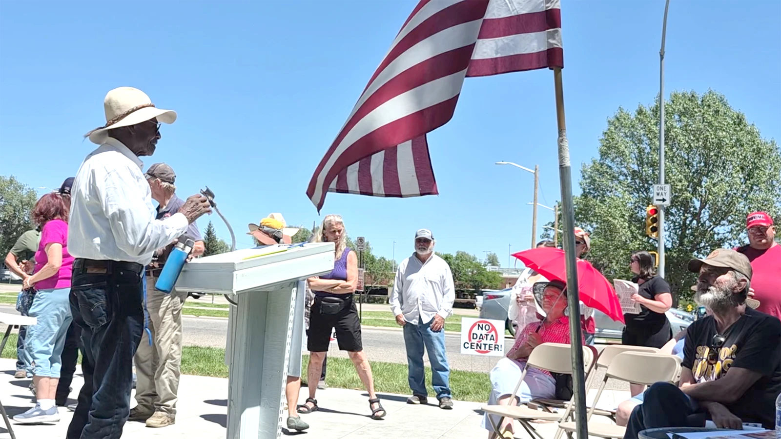 A small group of a few dozen people railed against existing and proposed data centers at the Wyoming Capitol on Saturday. “Anytime you scream ‘wolf,’ there actually is a wolf coming. It’s data centers,” said organizer Taylor Haynes. "It’s our government.”