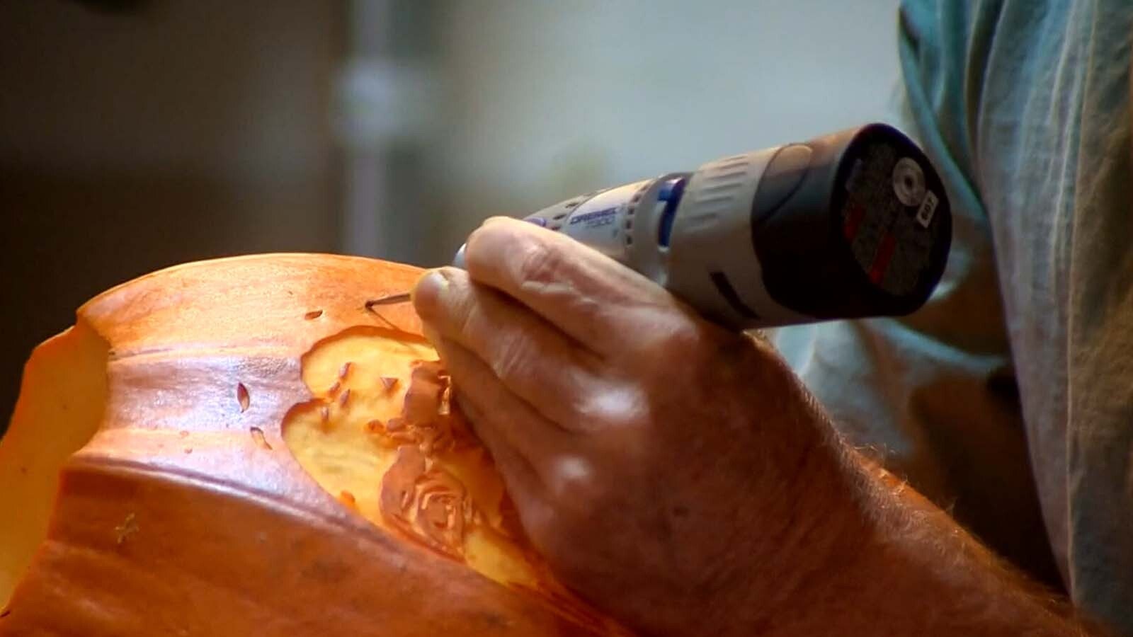 Cheyenne native Dave Cunningham uses wood carving tools and a Dremel to carve his intricate pumpkins.