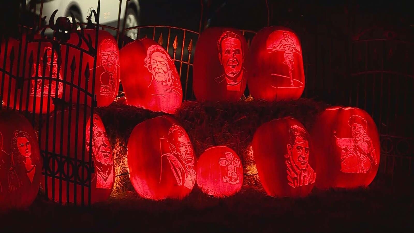 Each year, Dave Cunningham's jack-o-lantern display features celebrities who've died since the prior Halloween.