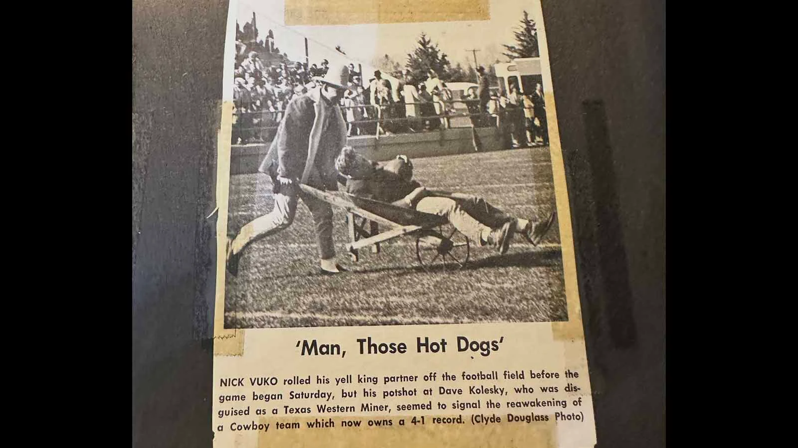 To win the honor of being a male cheerleader, known as a "yell king", for the University of Wyoming, David Kolesky and Nick Vuko had to audition during a game. At the home game versus Texas Western on Oct. 16, 1965, Kolesky came up with a skit to mock their opponents the Miners. 