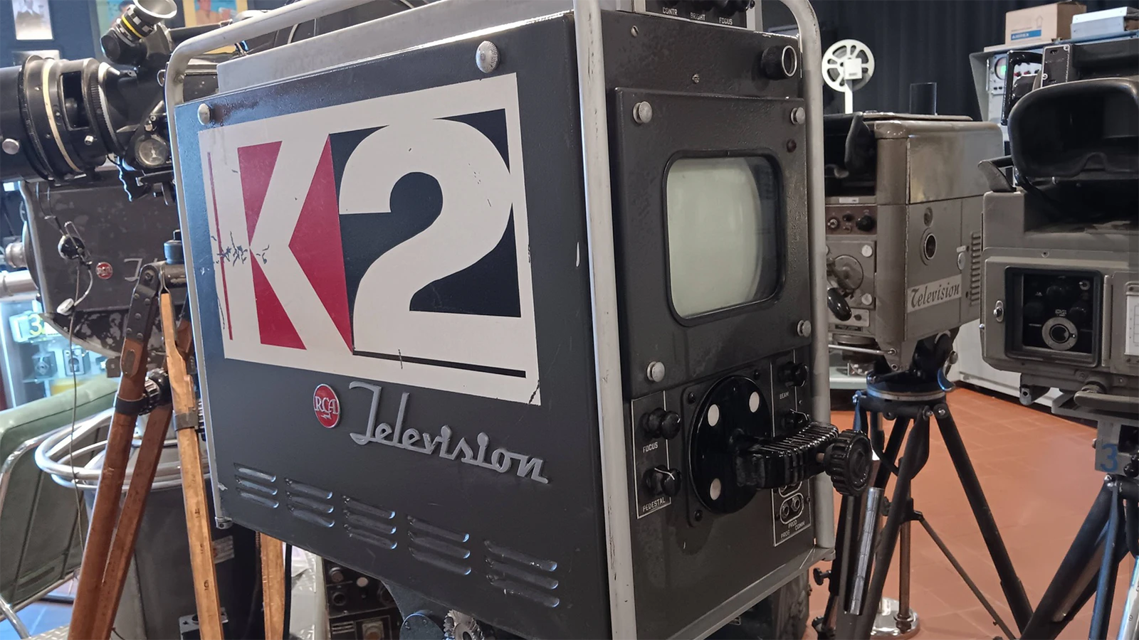 A K2 TV camera was rescued from the dumpster by Dave Nutter years ago during a station upgrade. He donated it, along with many more items, to the Texas Broadcast Museum.