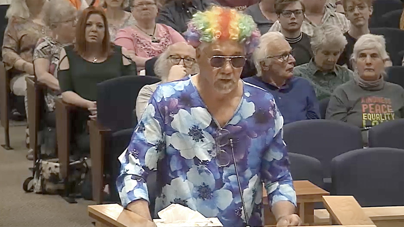 Gillette resident Dean Vomhof makes fashion and political statements at last week's Gillette City Council meeting as he spoke in opposition of a proposed ordinance that would criminalize discrimination in the city.