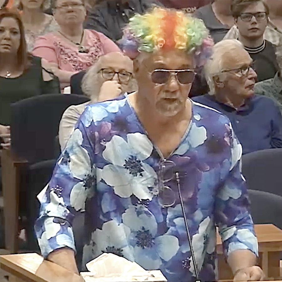 Gillette resident Dean Vomhof makes fashion and political statements at last week's Gillette City Council meeting as he spoke in opposition of a proposed ordinance that would criminalize discrimination in the city.