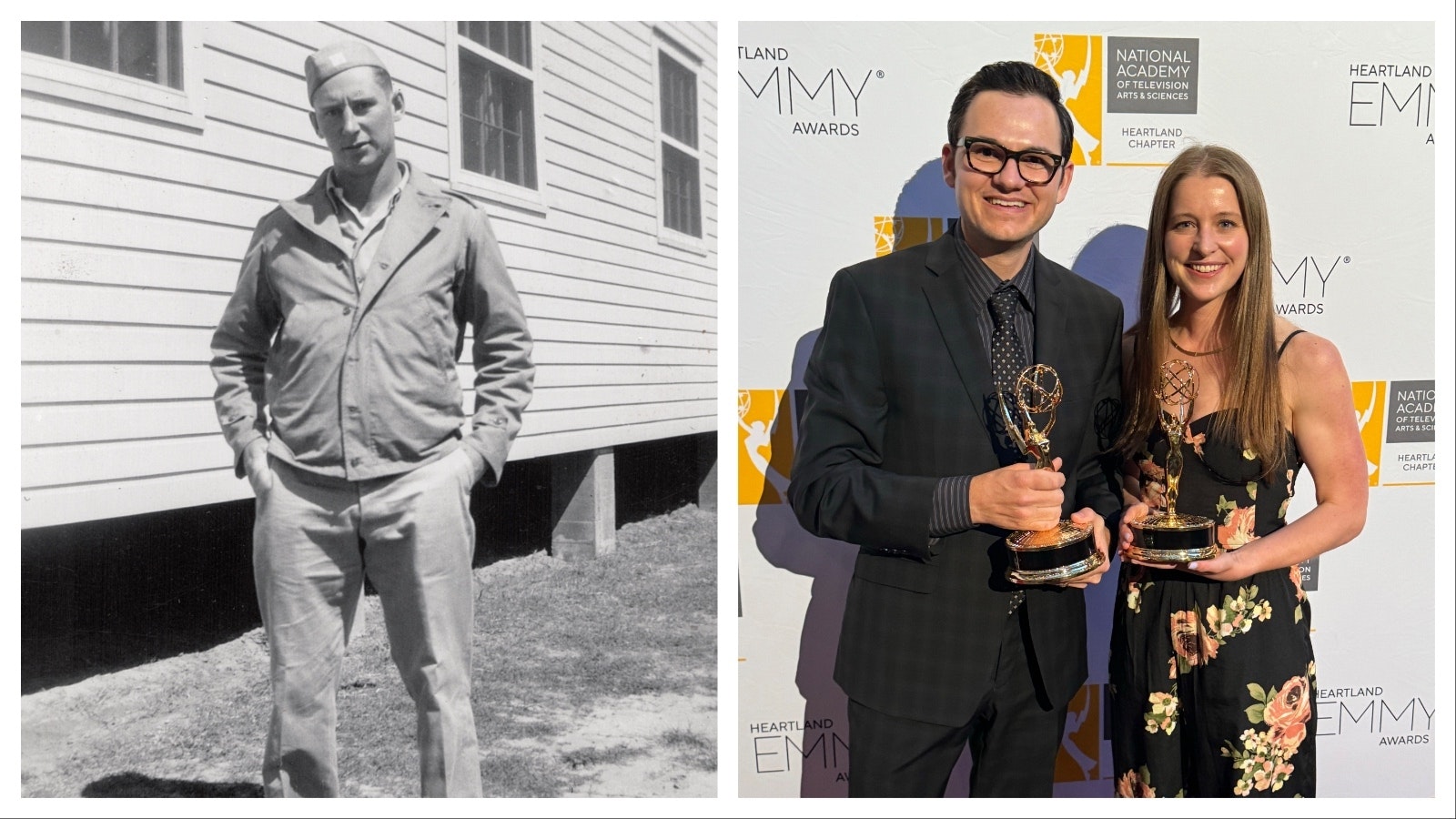 Left: Silvio Pedri of Rock Springs was captured during World War II and spent more than five months as a prisoner of war. Right: Mark Pedri and Carrie McCarthy hold two of the three Emmys Burning Torch Productions won in July at the Heartland Emmys for Dear Sirs.