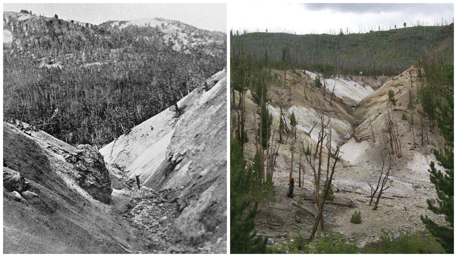 The lower part of Death Gulch in 1897, left, and today.