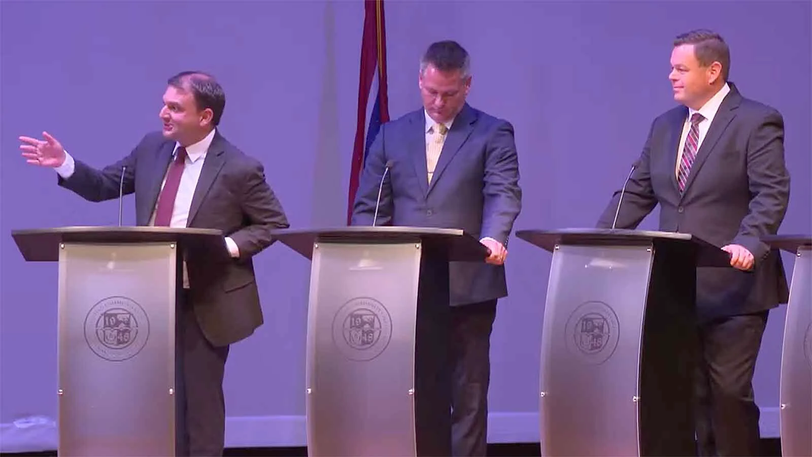 Secretary of State Chuck Gray, left, brought up data centers repeatedly and clashed with the moderator during a U.S. House forum Tuesday night in Sheridan. Reid Rasner, right, criticized Gray, while multiple candidates claimed to be leading the race. State Senate President Bo Biteman is between them.
