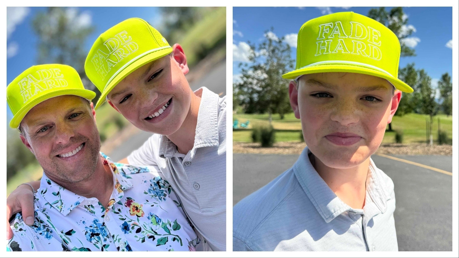 Declan Jacobson (right) and his father Arik wear hats from the Double Edge Golf line.