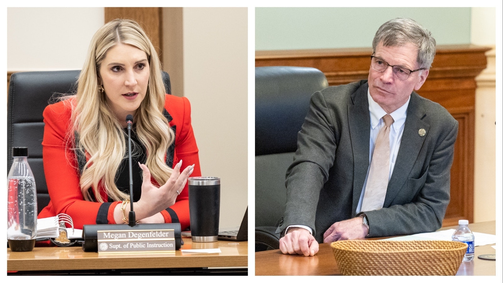 Superintendent of Public Instruction Megan Degenfelder, left, and Gov. Mark Gordon.