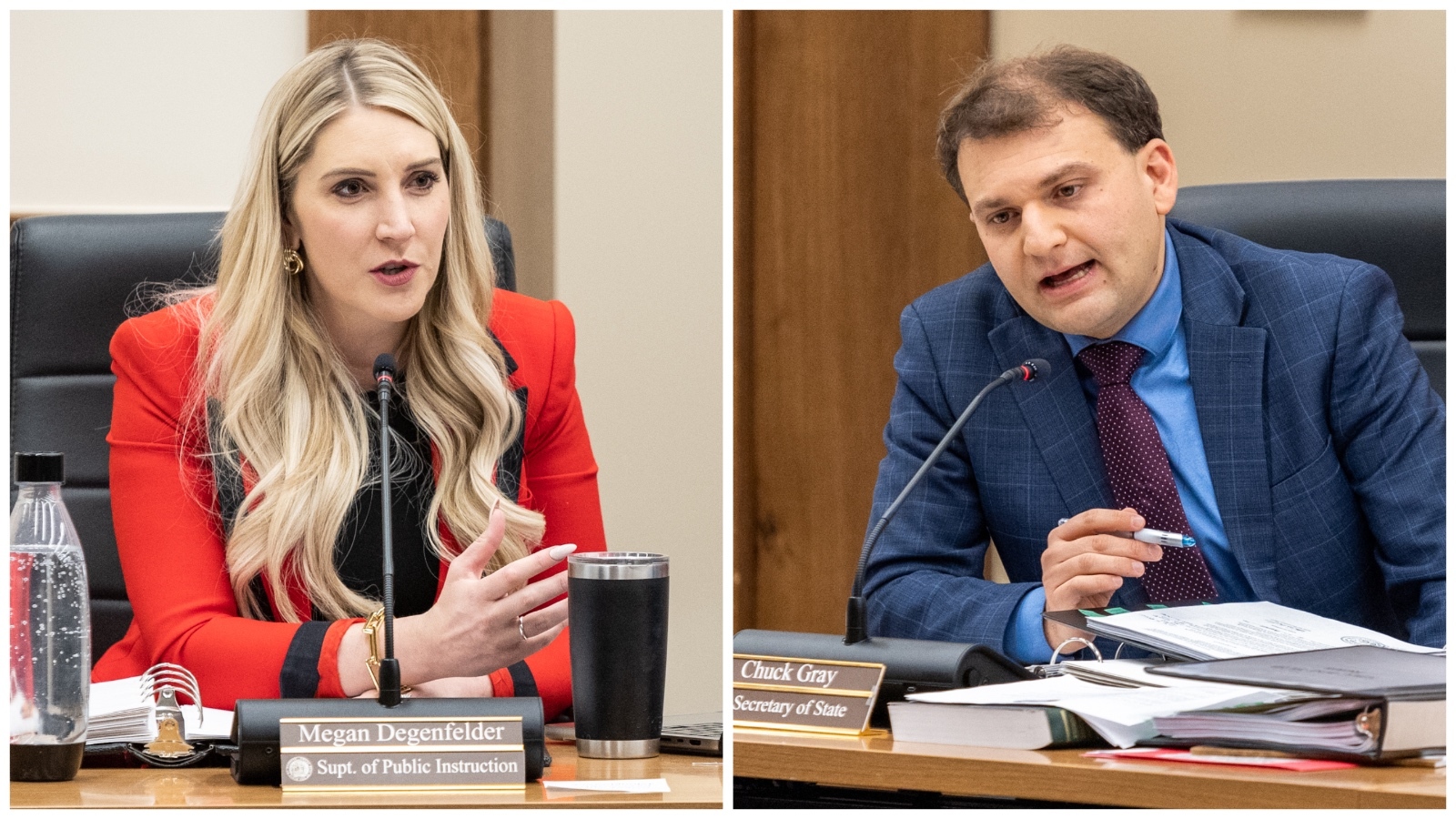 Wyoming Superintendent of Public Instruction Megan Degenfelder, left, and Secretary of State Chuck Gray.