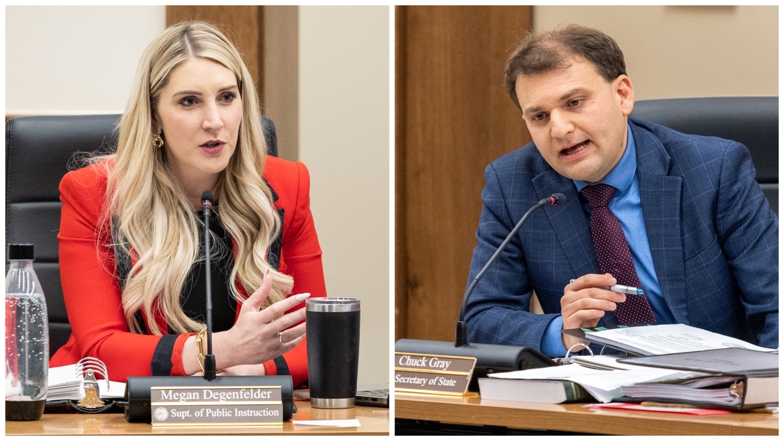 Wyoming Superintendent of Public Instruction Megan Degenfelder, left, and Secretary of State Chuck Gray.