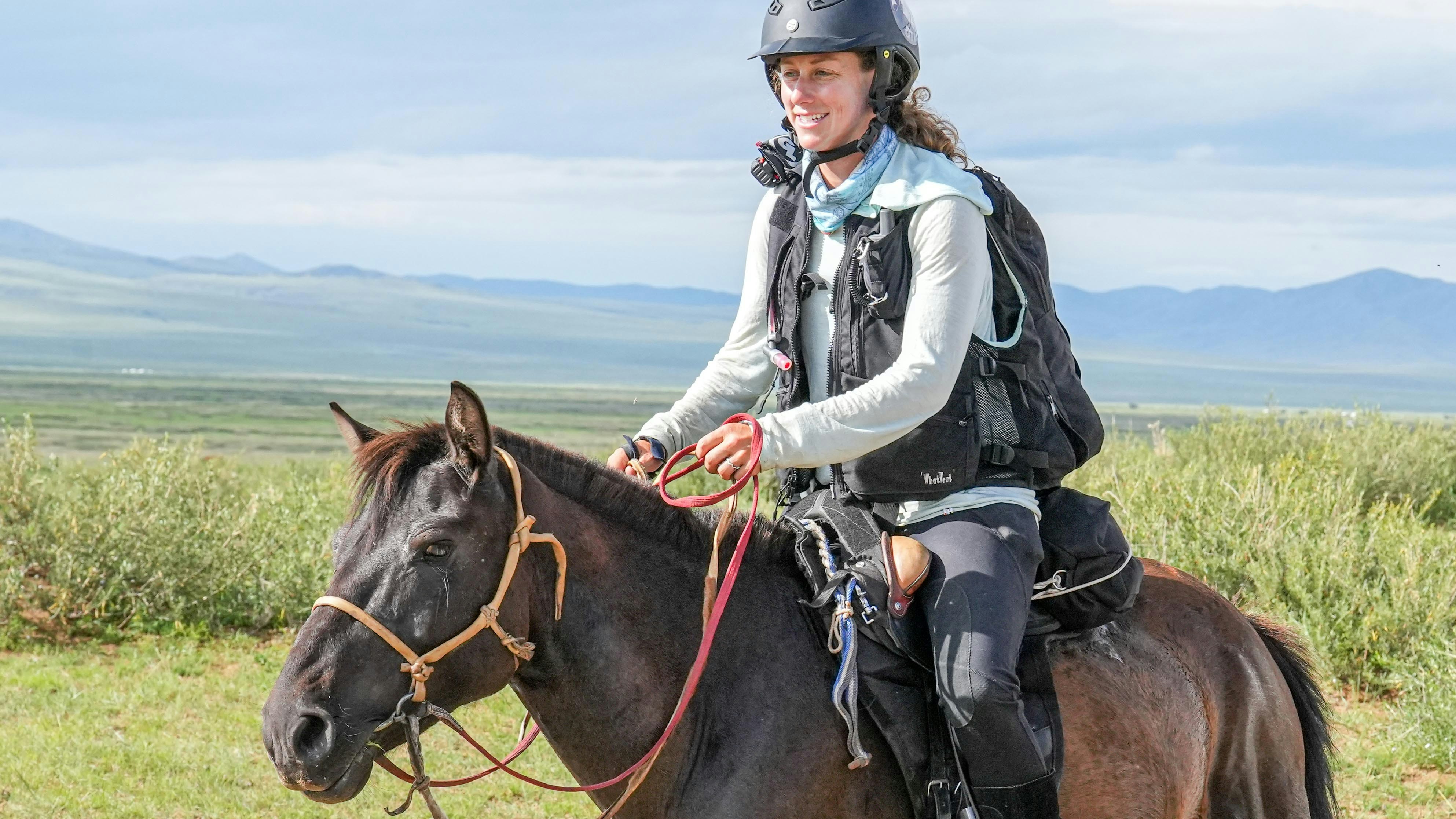 Deirdre Griffith of Jackson, Wyoming, in the 2022 Mongol Derby, which she won.