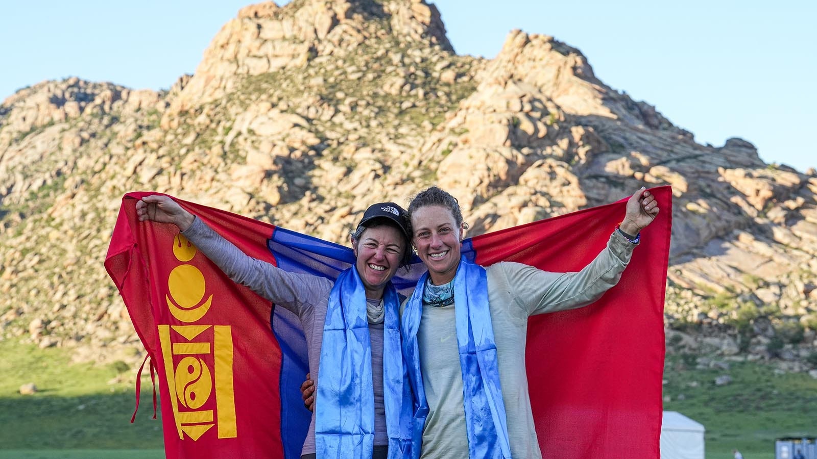 Deirdre Griffith of Jackson, Wyoming, and riding partner Willemien Jooste in the 2022 Mongol Derby, which Griffith won.