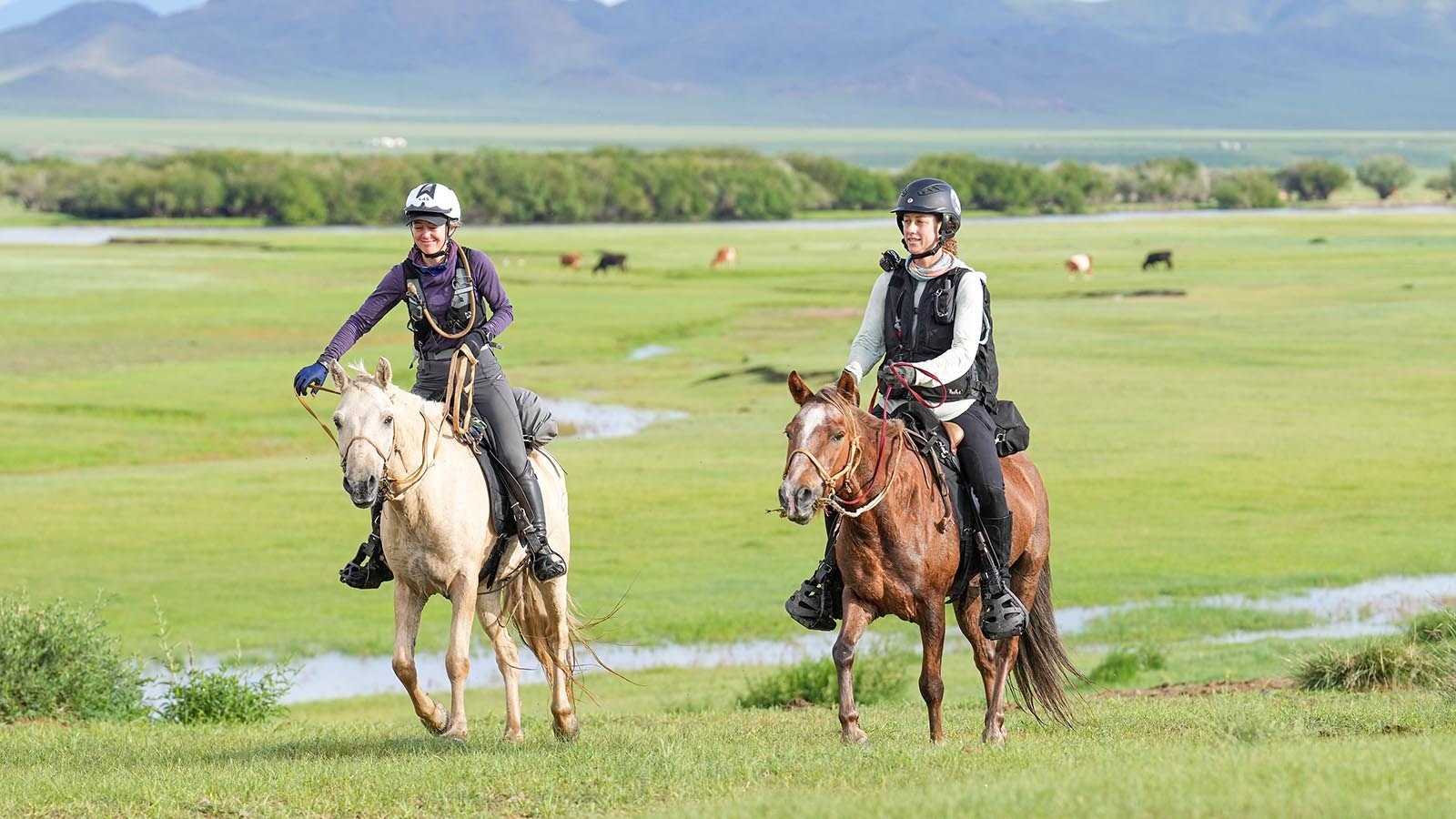 Deirdre Griffith of Jackson, Wyoming, and riding partner Willemien Jooste in the 2022 Mongol Derby, which Griffith won.