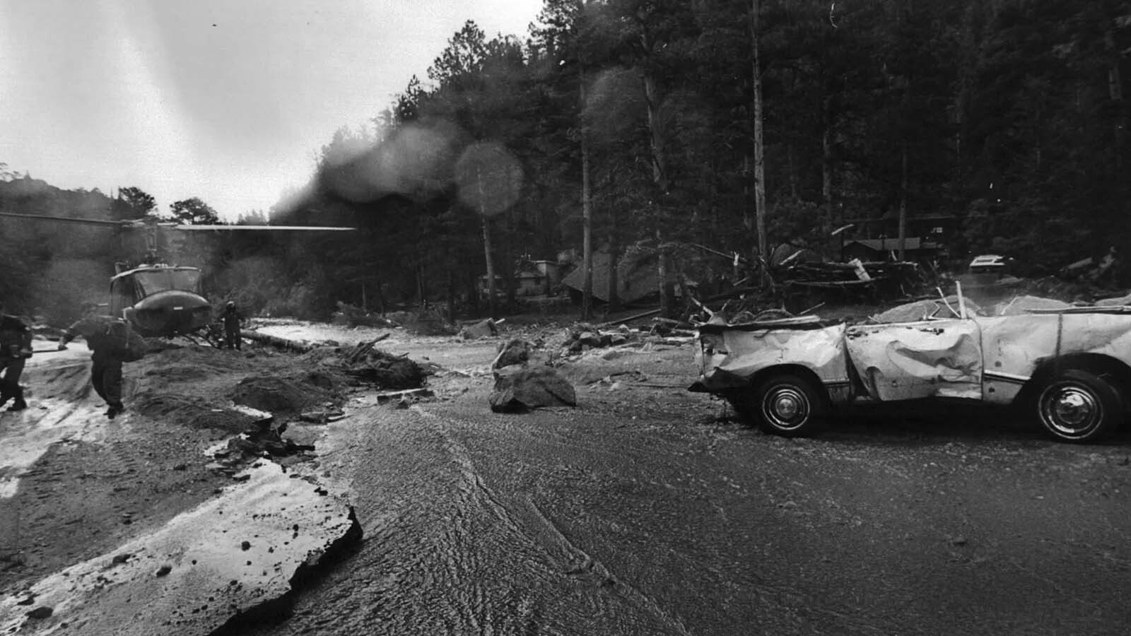 A helicopter responds in the aftermath of the Big Thompson Flood in Colorado on July 31, 1976.
