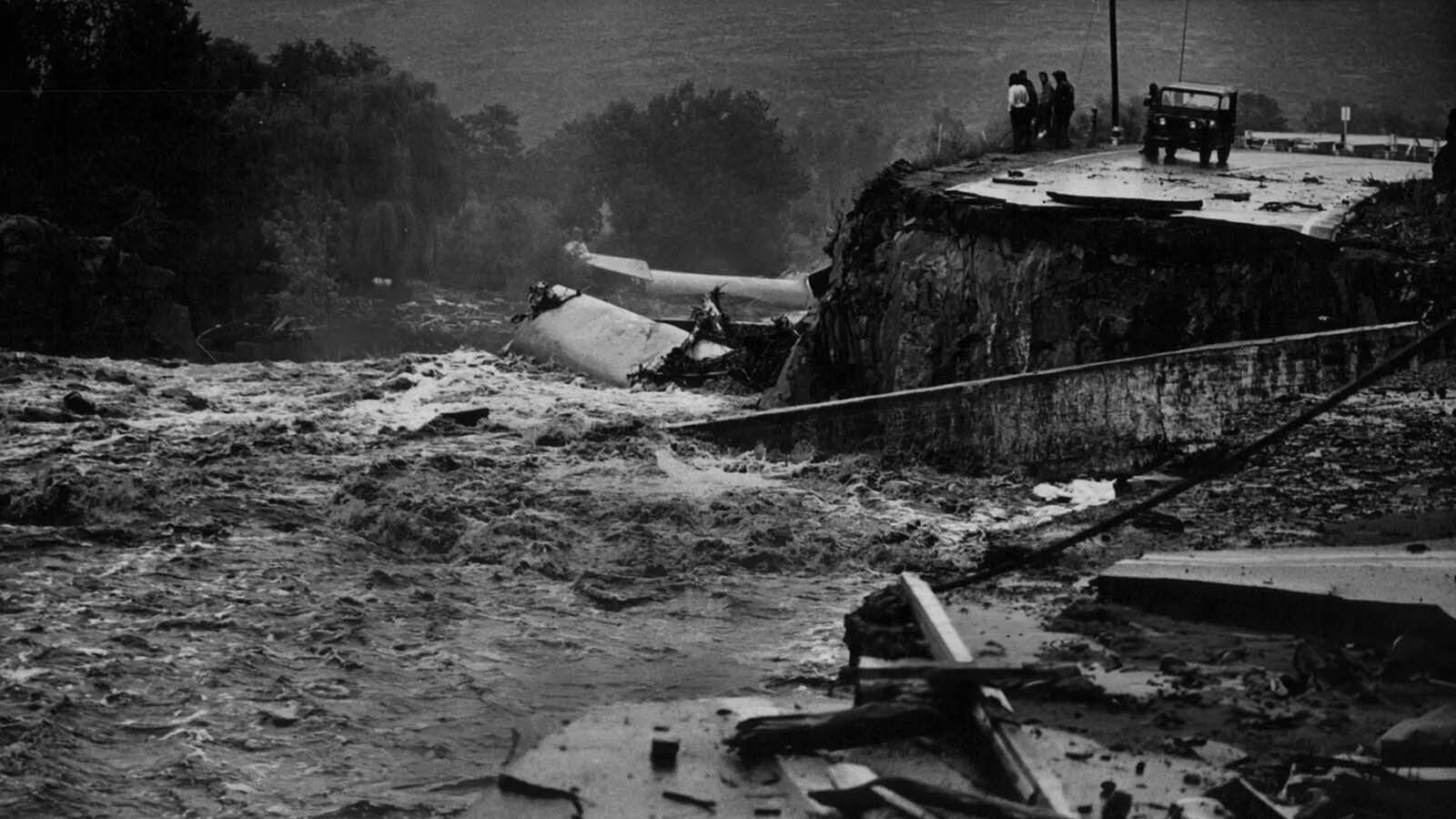 The road washed out by the Big Thompson River in on July 31, 1976.