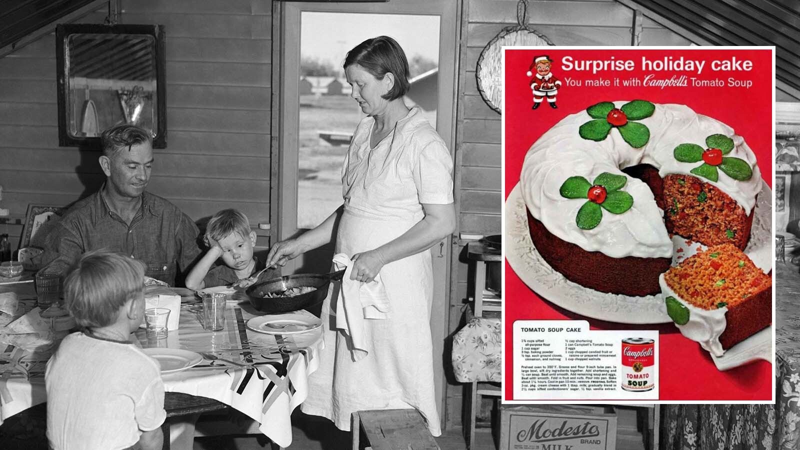 During World War I and the Great Depression, regular staple pantry ingredients were scarce, so folks had to get creative. They came up with odd recipes such as tomato soup cake and water pie to stretch budgets and keep from starving.