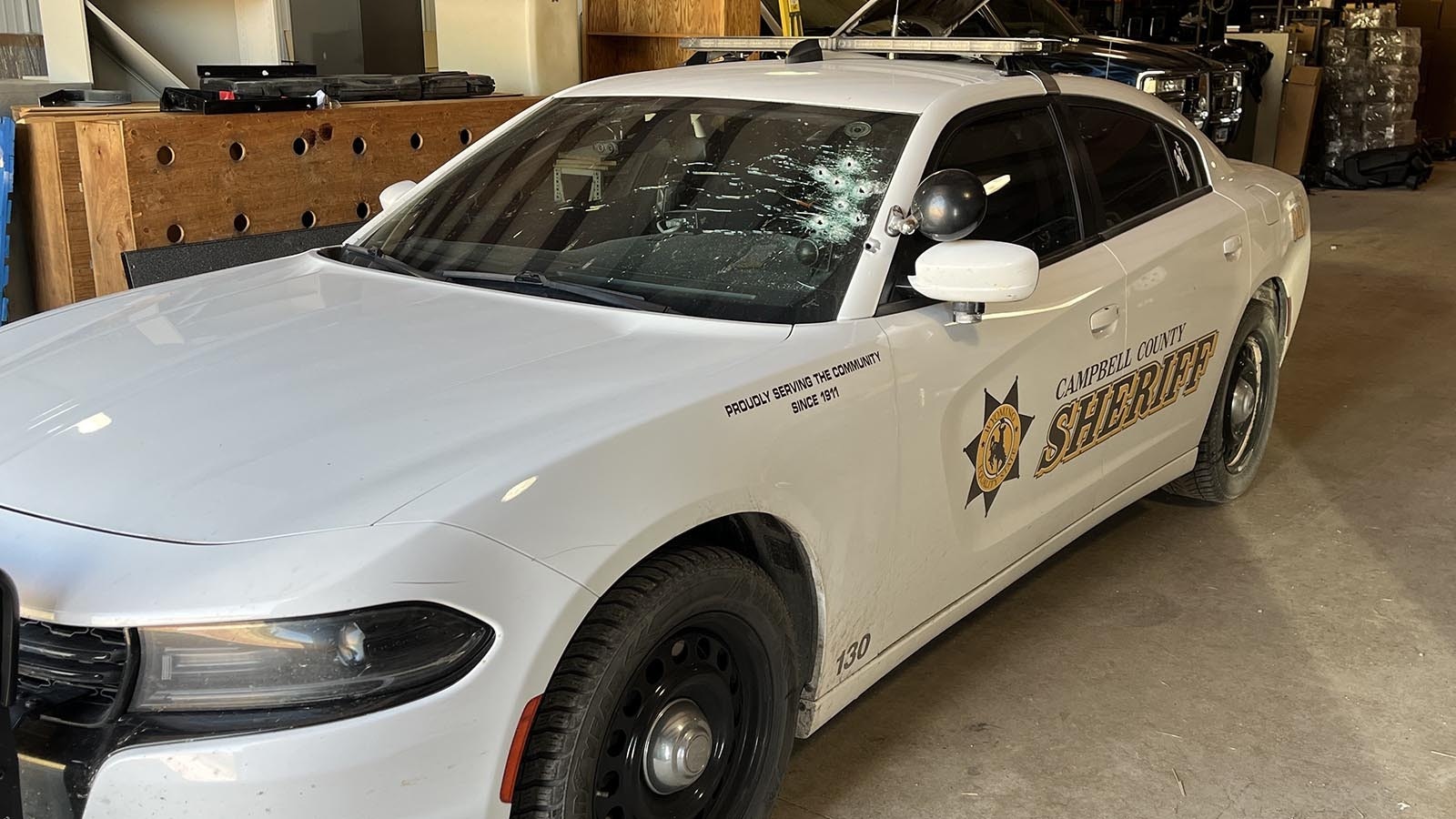 The driver's side of this Cambpell County Sheriff's Office patrol car shows where the windshield took a shotgun blast from a suspect on Sunday, Aug. 4, 2024. The deputy wasn't hurt, but the suspect was killed.