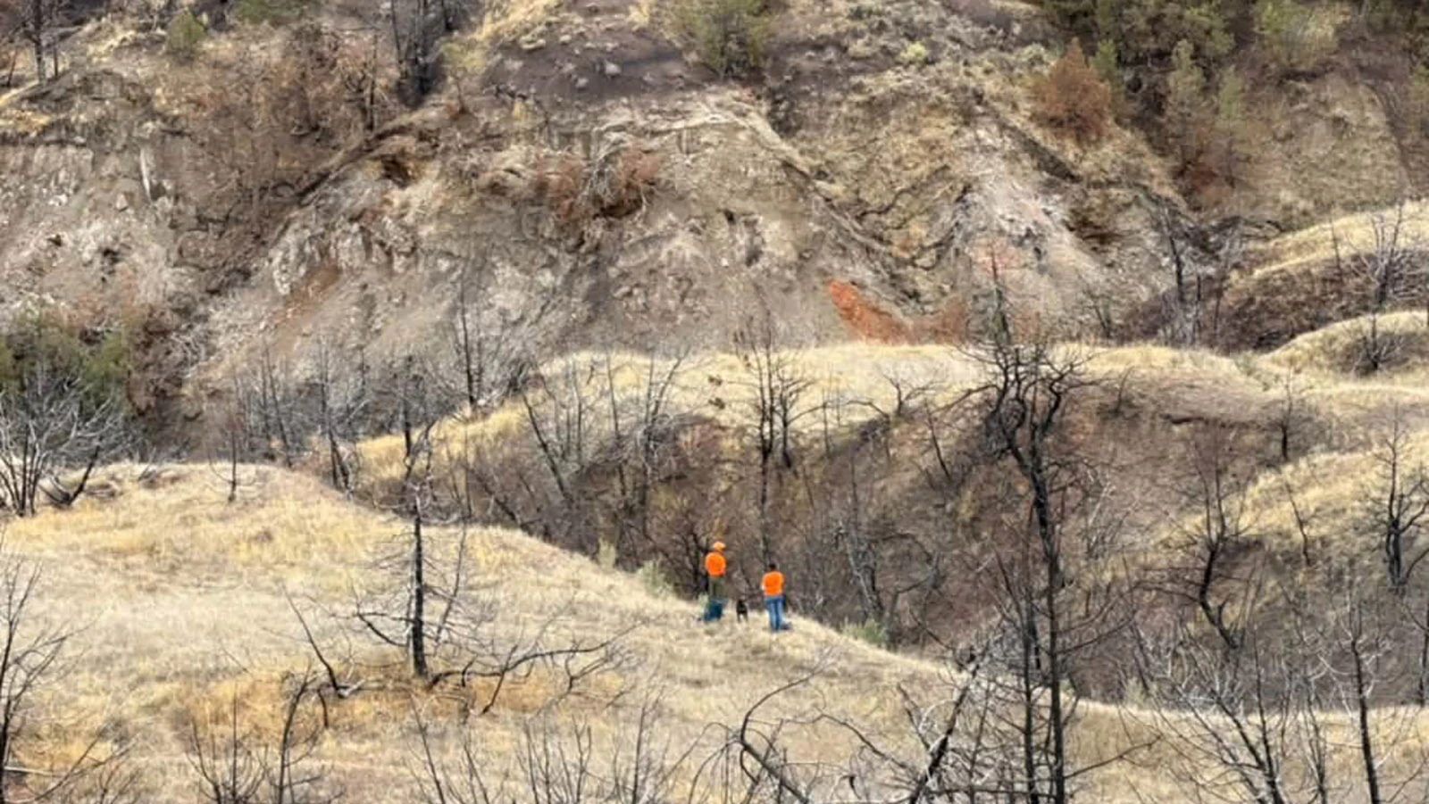 SAR volunteers John LaBrec and Megan Leisy stand on the ridge above the ravine where they found the remains suspected to be Derek Schaff.
