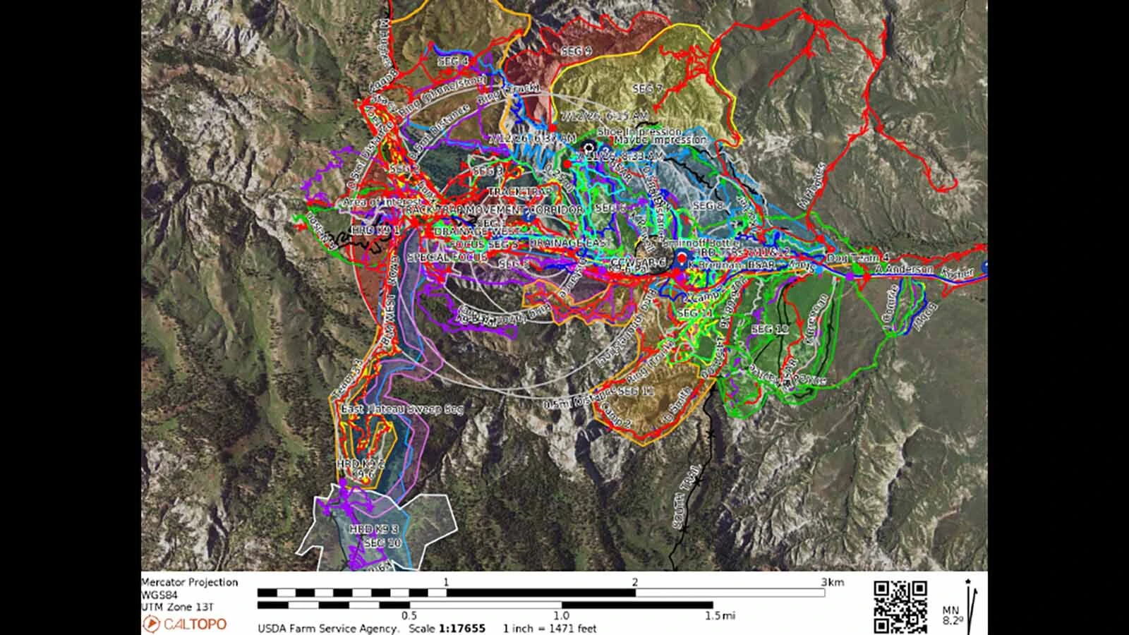 The CalTopo map tracks all of the steps taken by searchers and dog teams and serves as a vital tool in search operations.