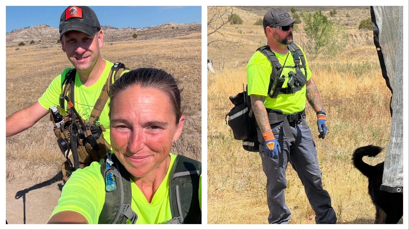 WyoFind board member and search and rescue volunteer, Dan Smith, right, listened to the morning briefing on Aug. 16 in the search for Derek Schaff. Left, Stacy Koester, founder of WyoFind, and Badland's head, Travis Bateman, worked together to coordinate search routes. 
