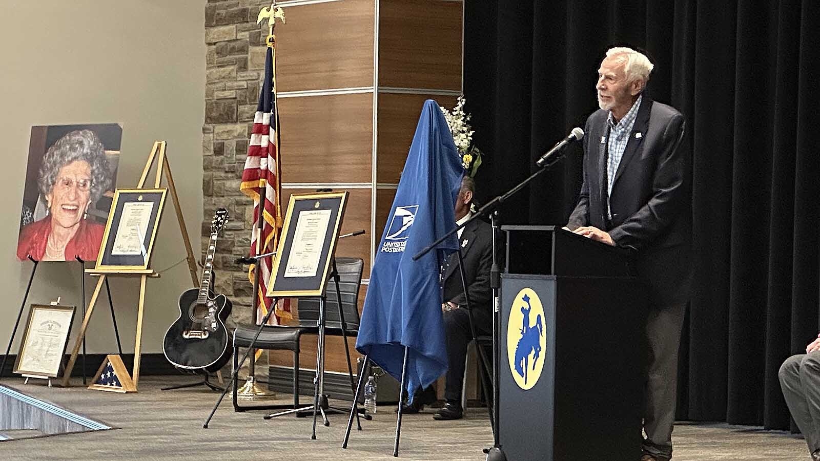 Eli Bebout was one of the featured speakers at the dedication ceremony recognizing his mother, Dessie Bebout, and the newly named U. S. Post Office in Shoshoni, now named in her honor.