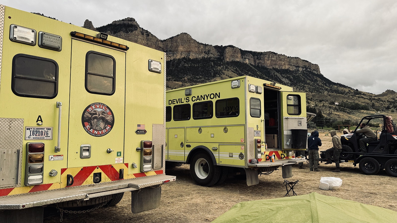 Devil’s Canyon rigs parked at the base camp of Clearwater Fire at Buffalo Bill State Park.