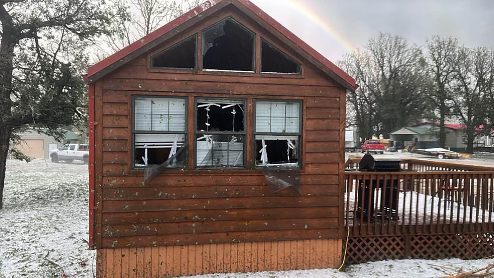 An intense hailstorm broke windshilds, toppled trees and caused extensive damage to the KOA campground at Devils Tower on Monday, Aug. 19, 2024.