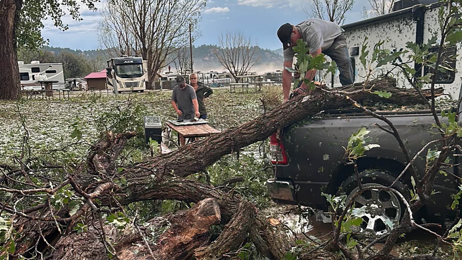 An intense hailstorm broke windshilds, toppled trees and caused extensive damage to the KOA campground at Devils Tower on Monday, Aug. 19, 2024.