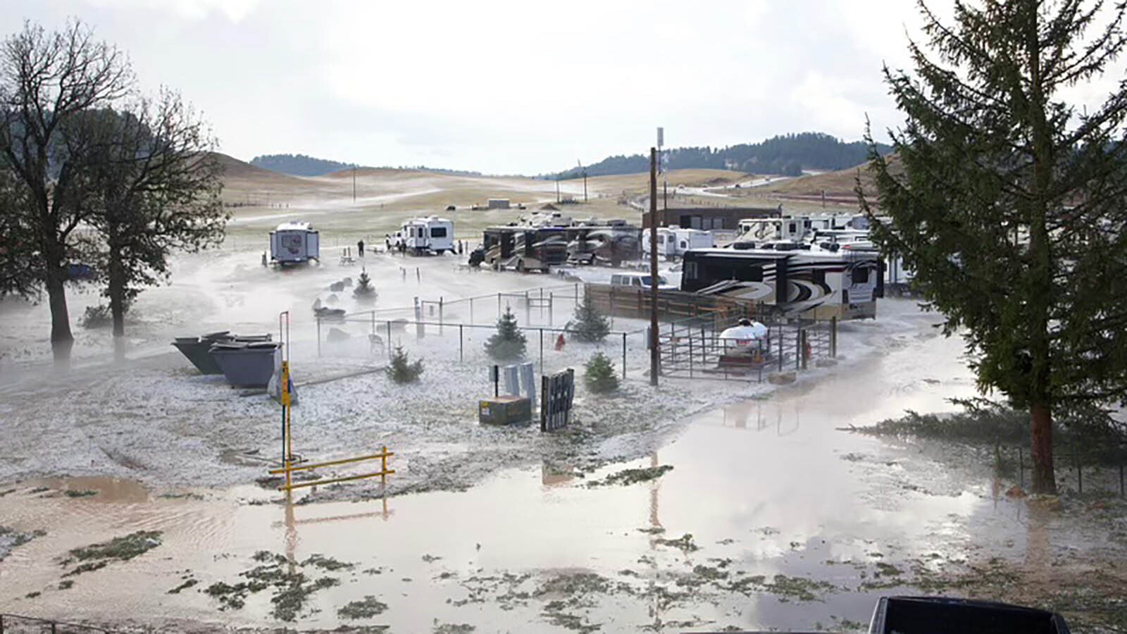 An intense hailstorm broke windshilds, toppled trees and caused extensive damage to the KOA campground at Devils Tower on Monday, Aug. 19, 2024.