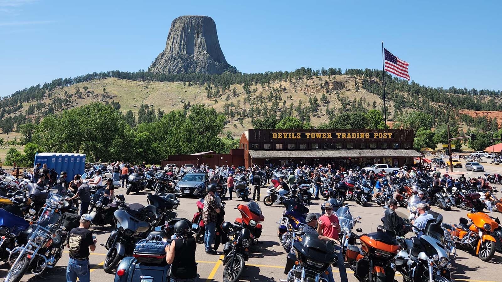 Along the Interstate 90 corridor to and fron Sturgis, South Dakota, Devils Tower is a busy place during the annual motorcycle rally.