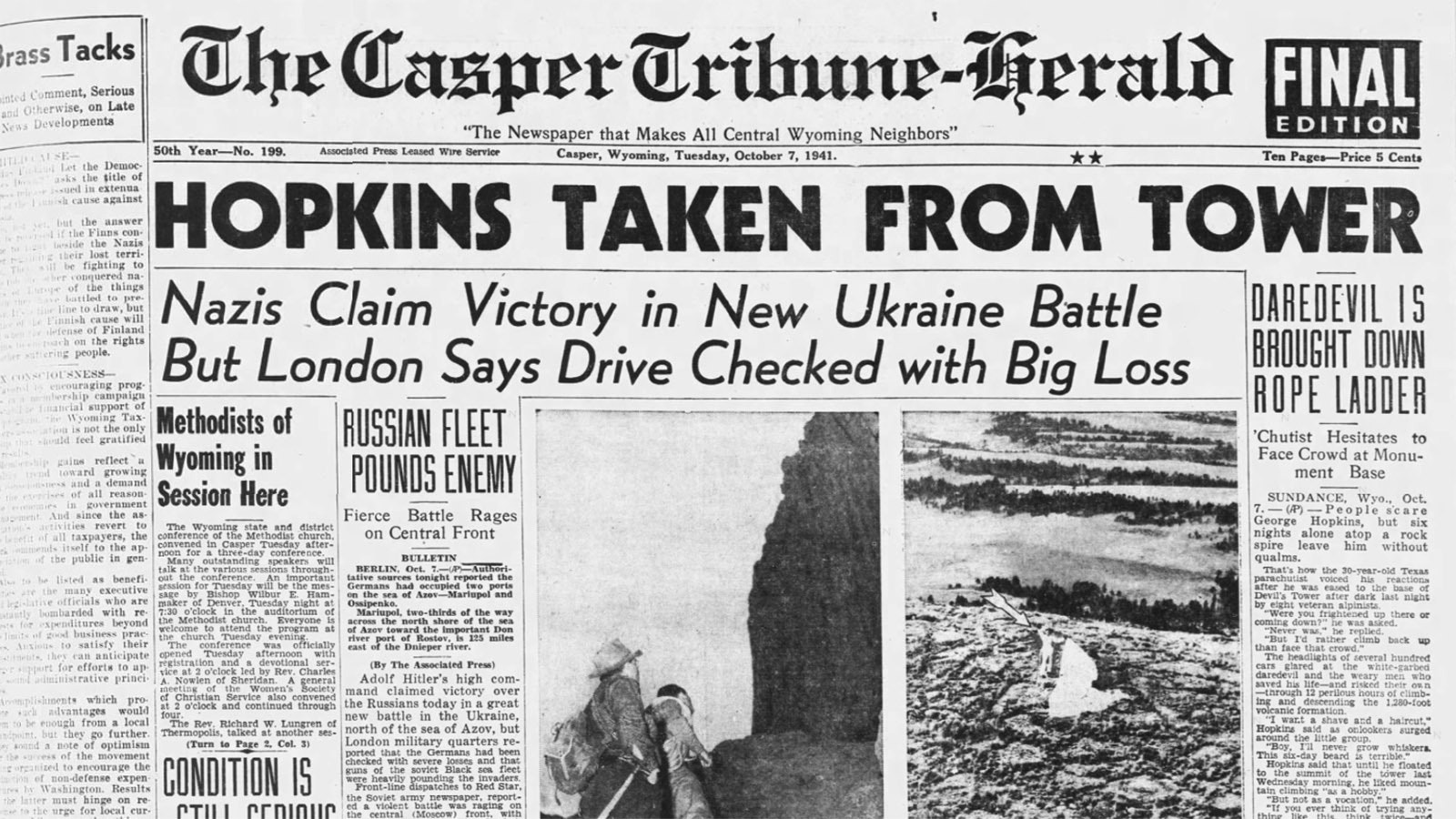 The Casper Tribune-Herald and dozens of other newspapers around the country reported on George Hopkins’ rescue from the top of Devils Tower.