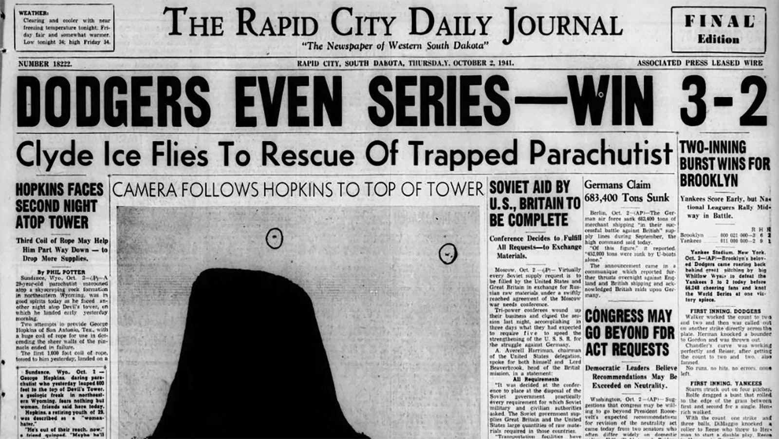 The Rapid City Daily Journal reported on George Hopkins’ predicament and Clyde Ice’s flights to help.