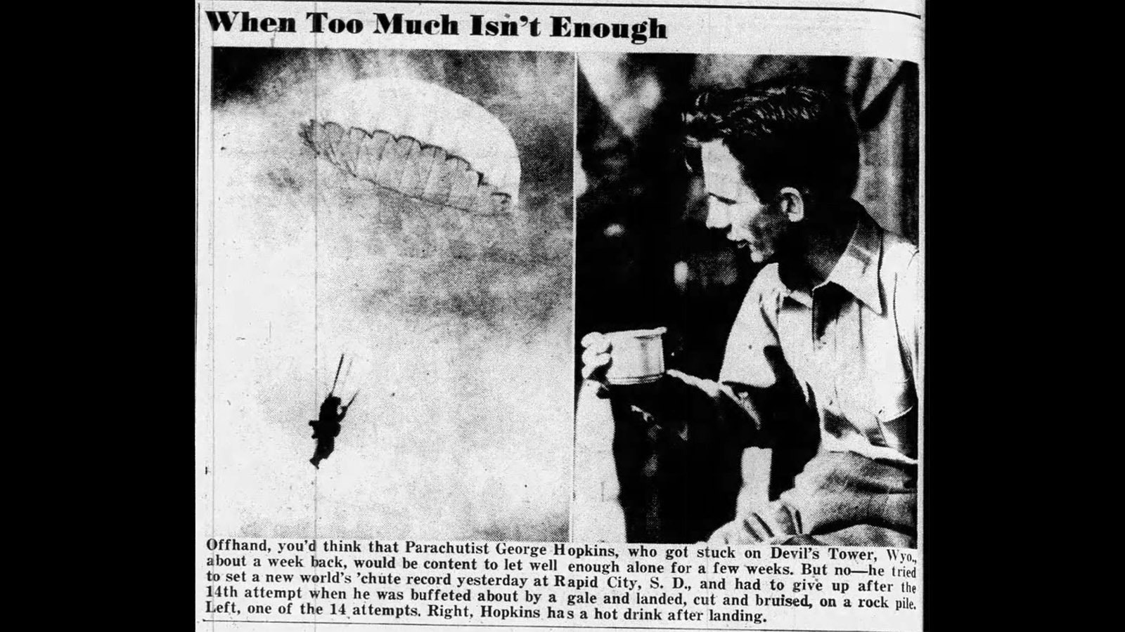 The Washington Daily News in Washington, D.C., included coverage of George Hopkin’s failed attempt at the world record in its Oct. 15, 1941, edition.