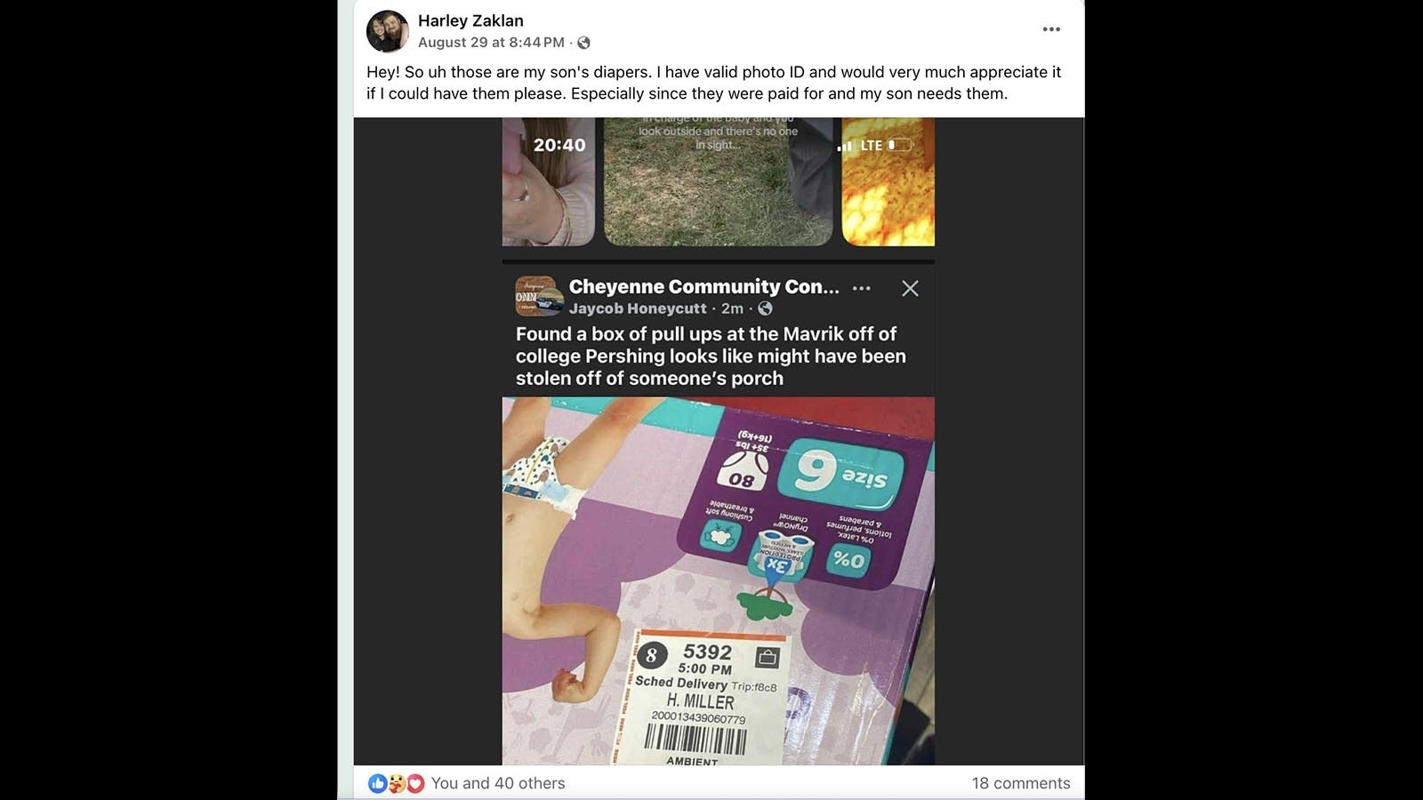 A Facebook post about stolen diapers attracted immediate help from the Cheyenne community, who banded together to make sure a young mother newly arrived in Wyoming got back her missing diapers.