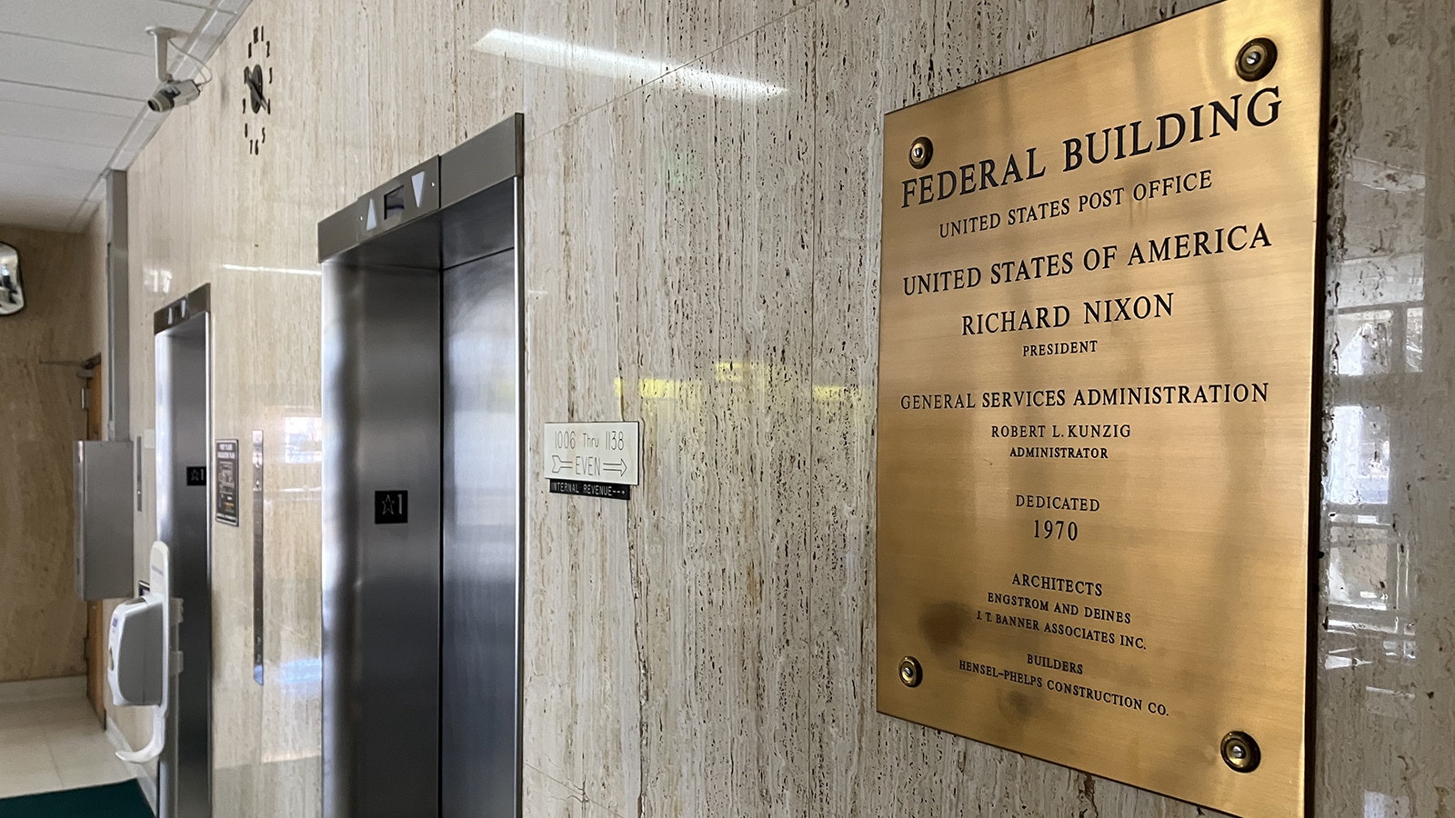 A plaque on the first floor shows the building was dedicated in 1970.