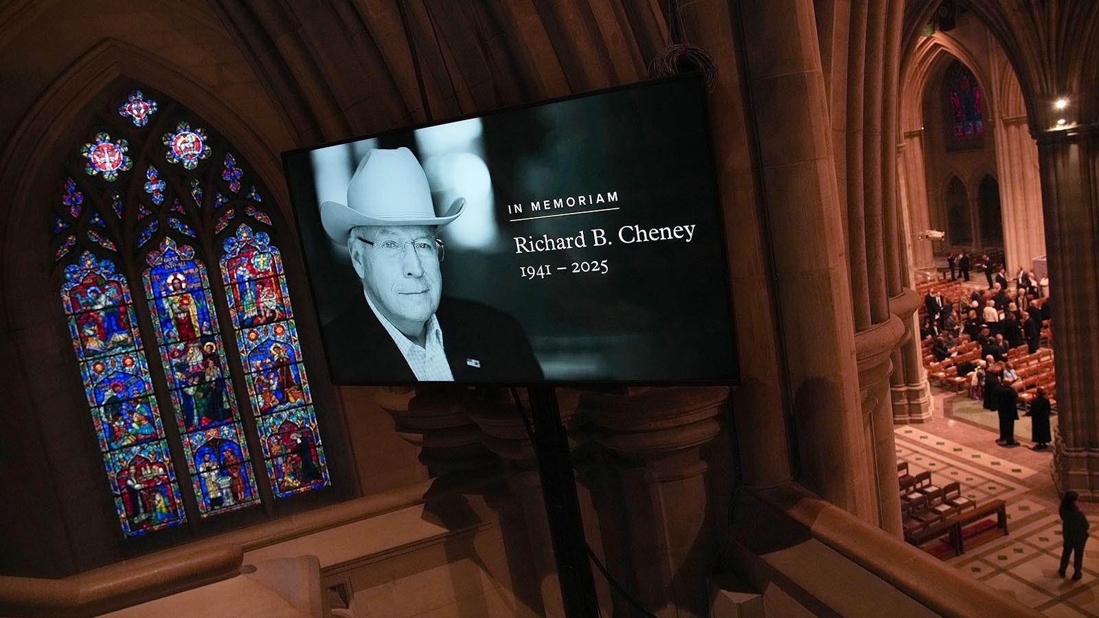 An image of former Vice President Dick Cheney is displayed at his funeral service at the National Cathedral on Nov. 20, 2025, in Washington, D.C. Cheney, who served as the 46th Vice President under President George W. Bush and as the 17th Secretary of Defense, passed away at the age of 84 due to complications from pneumonia and vascular disease.