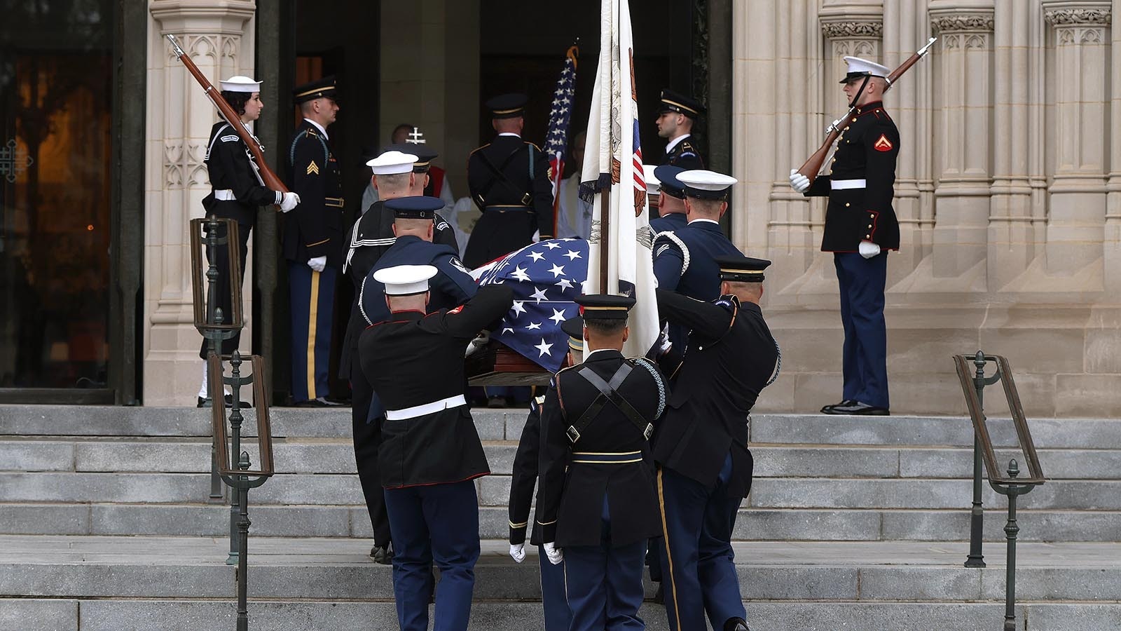 Military body bearers carry the casket containing the remains of former Vice President Dick Cheney during his funeral at the National Cathedral on Nov. 20, 2025, in Washington, D.C.