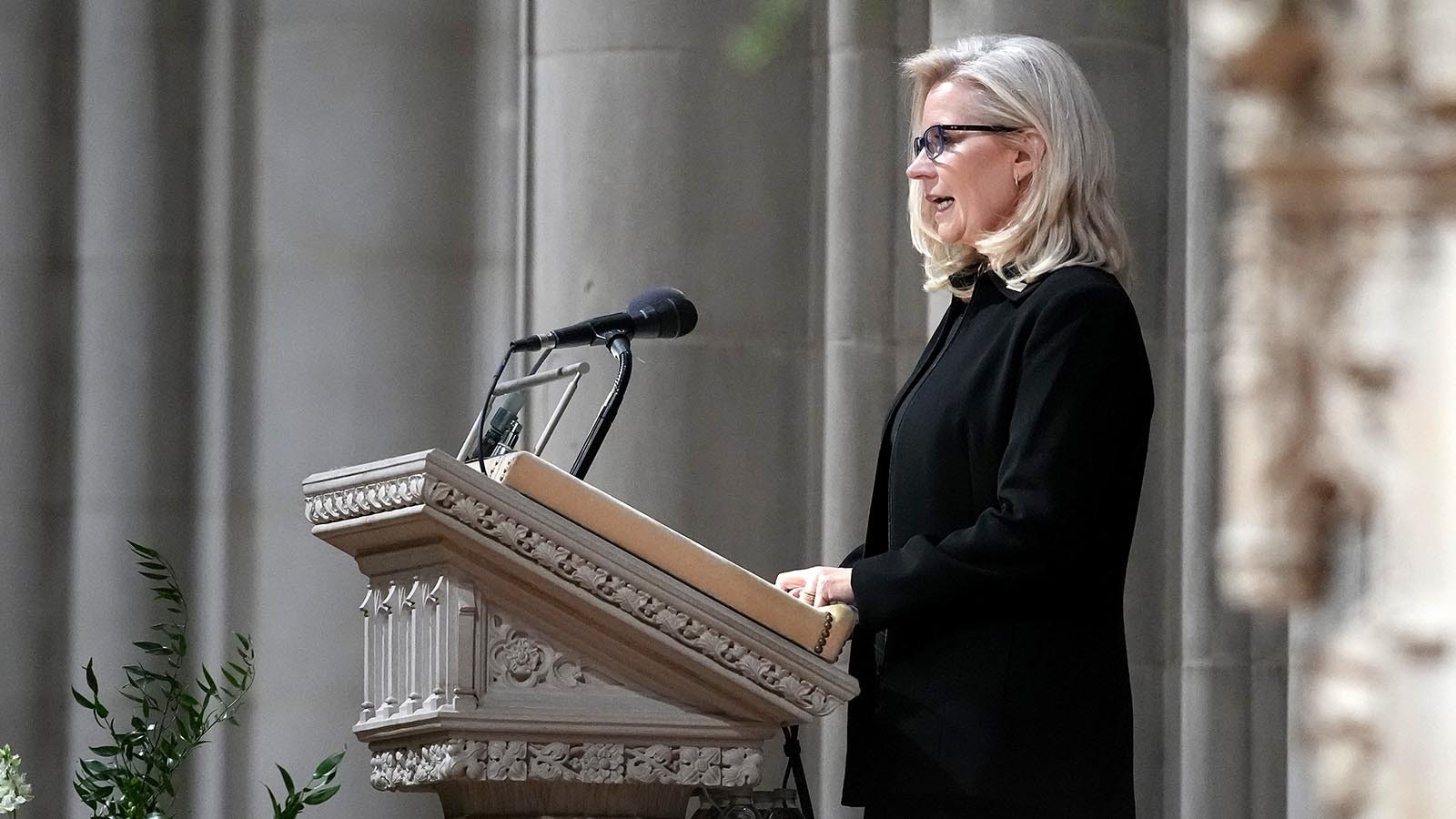 Former Rep. Liz Cheney, the daughter of former Vice President Dick Cheney, delivers a tribute during Cheney's funeral service at the National Cathedral on Nov. 20, 2025, in Washington, D.C. Cheney, who served as the 46th Vice President under President George W. Bush and as the 17th Secretary of Defense, passed away at the age of 84 due to complications from pneumonia and vascular disease.