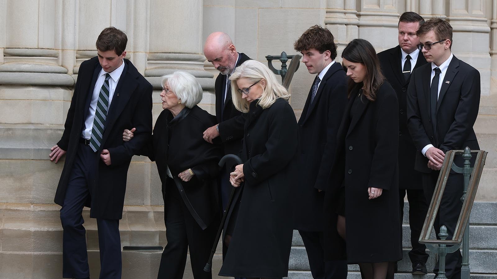 Members of the Cheney family, including Lynne Cheney and former Rep. Liz Cheney, leave the National Cathedral at the end of the the funeral service of former Vice President Dick Cheney on Nov. 20, 2025, in Washington, D.C.